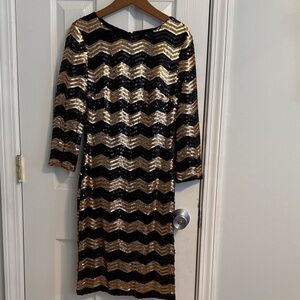 Gianni Bini Black and Gold Chevron Sequin Cocktail Dress Size XS